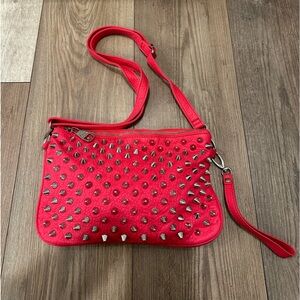 Steve Madden Fuchsia Leather Spike Studded Clutch Handbag Crossbody Purse NEW